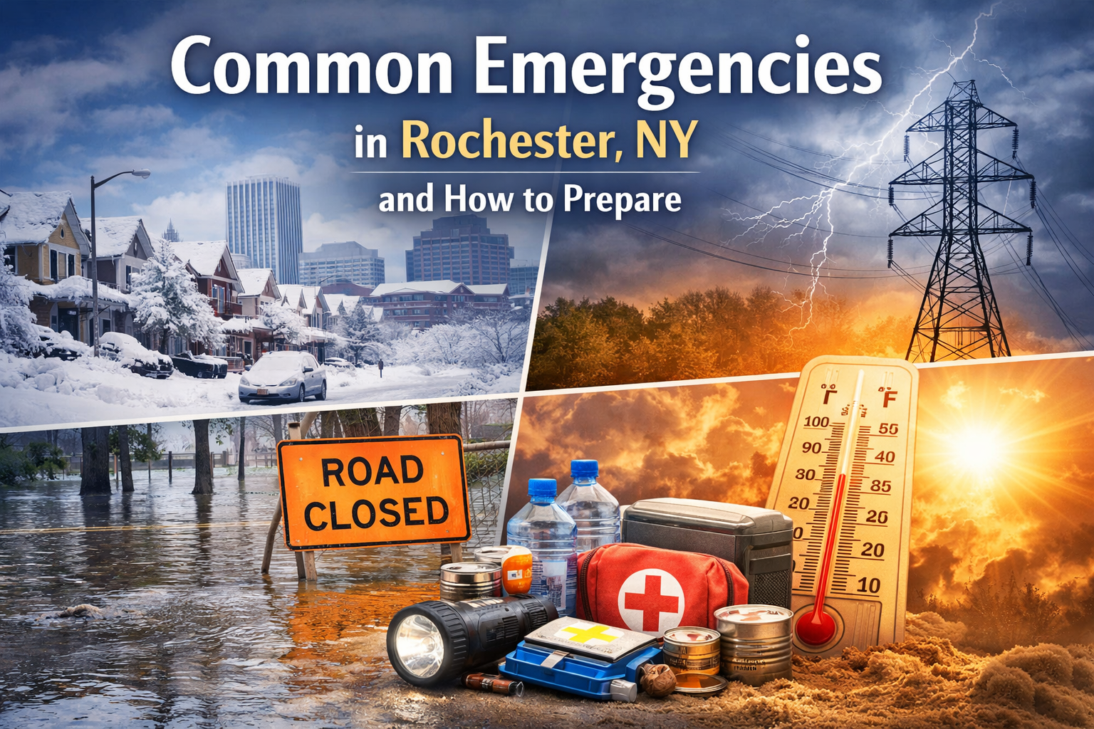 Featured image for a blog post about common emergencies in Rochester, NY, showing a collage of winter storms, flooding, power outages, extreme heat, and emergency supplies with the title “Common Emergencies in Rochester, NY and How to Prepare.”